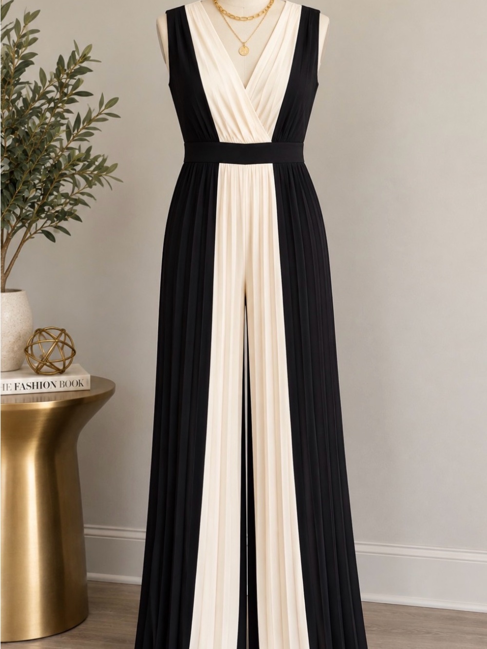 Sleeveless Black & Cream Pleated Wide-Leg Jumpsuit